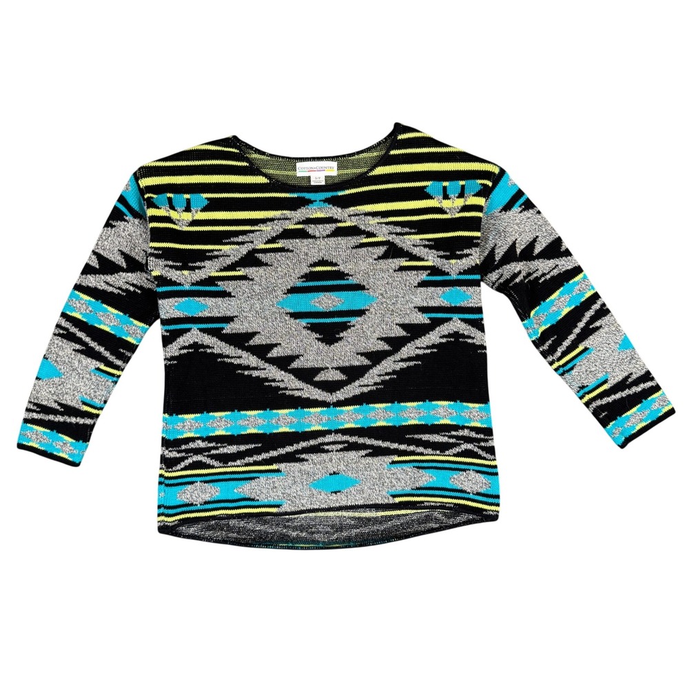 Cotton Country Womens Southwestern Geometric Knit Sweater Black Teal Lime Small